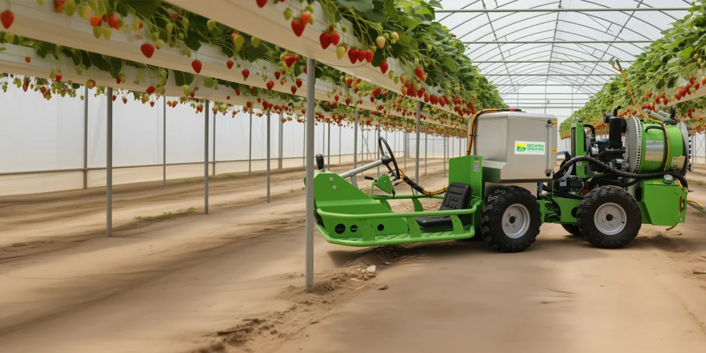TZAV-NOA self-propelled greenhouse sprayer operating in strawberry greenhouse with suspended rows and low-clearance working geometry.