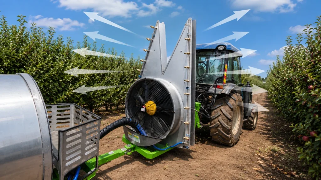 Degania Air Tower Sprayer in an apple orchard with strong side airflow