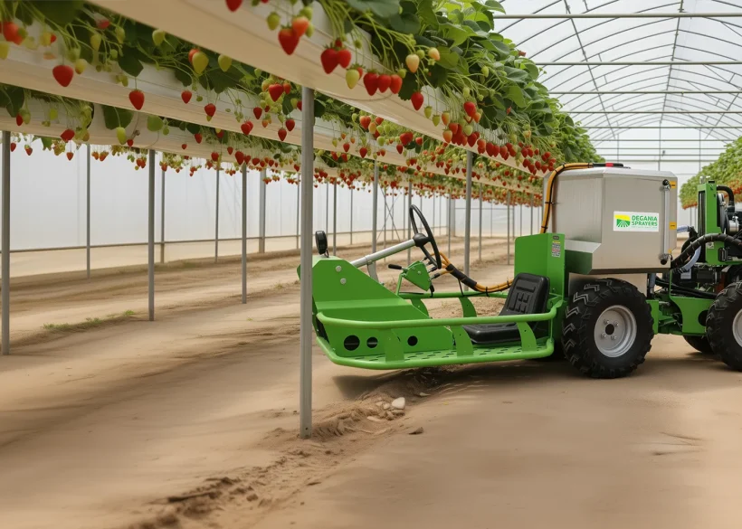TZAV-NOA self-propelled greenhouse sprayer operating in strawberry greenhouse with suspended rows and low-clearance working geometry.